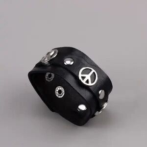 Peace Logo Silver Black Leather Unisex Bracelet